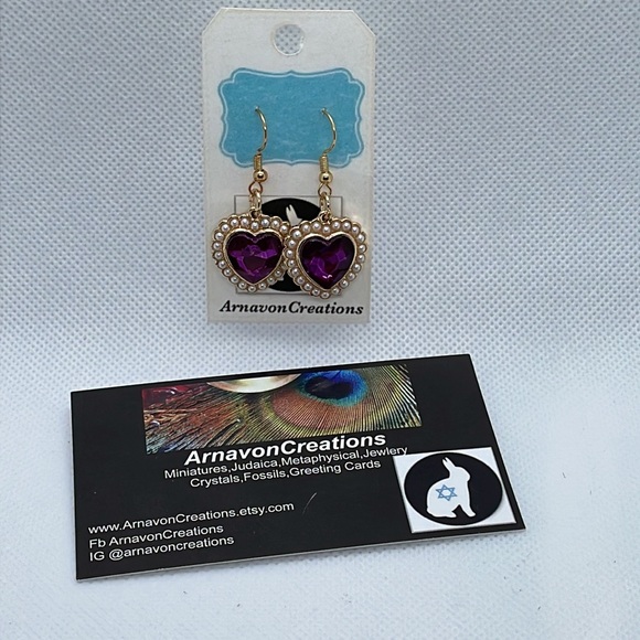 Purple and gold heart earrings with pearl handmade artist made Mothers Day gift - Picture 8 of 8